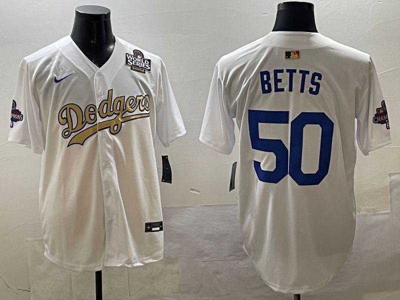 Men Los Angeles Dodgers #50 Betts White Champion gold character 2025 Nike MLB Jersey style 3313